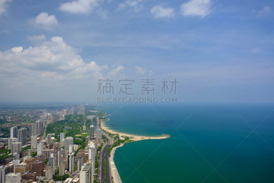 芝加哥市,城市天际线,航拍视角,水,水平画幅,无人,夏天,户外,湖,北美