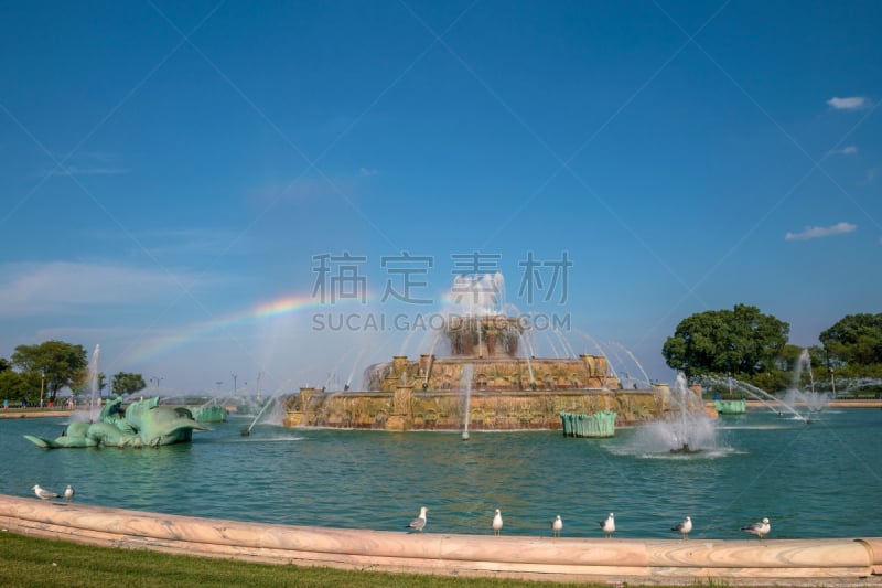 白金汉大喷泉,芝加哥格兰特公园,美国,芝加哥市,水,天空,水平画幅,山,无人,喷泉