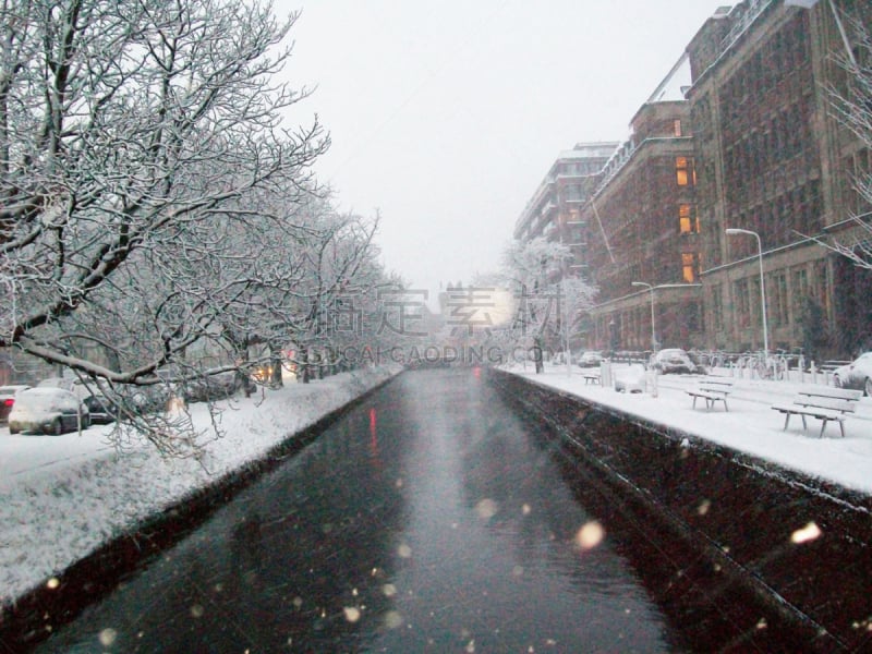 运河,荷兰,冬天,季节,欧洲,海牙,都市风光,充满的,雪,水