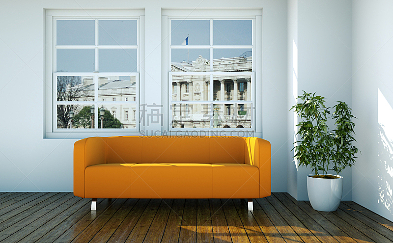 沙发,明亮,住宅房间,前面,橙色,窗户,茶几,华贵,砖,现代