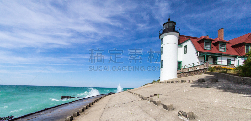 密歇根,点贝齐灯塔,波浪,美国中西部地区,旅途,指引之光,户外,晴朗,自然,建筑外部