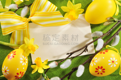 贺卡,复活节,黄丝带,芝加哥鲁普商业区,飞絮柳,留白,水平画幅,蝴蝶结,仅一朵花,鸟巢