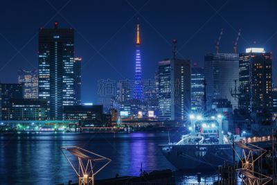 夜晚,东京塔,摩天大楼,建筑外部,天空,水平画幅,无人,海港,户外,都市风景