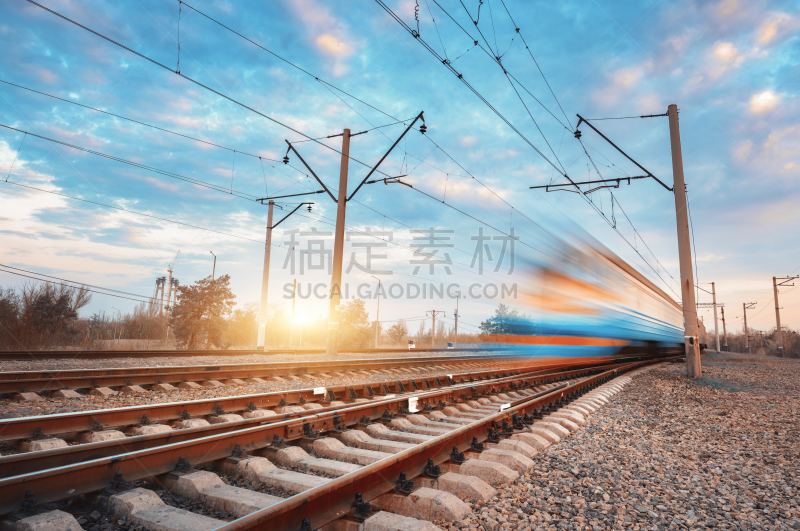 市郊火车,工业,火车站,车站月台,运动模糊,多色的,天空,日落,旅行,行动