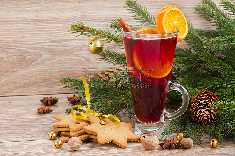 热甜红酒,圣诞树,葡萄酒,水平画幅,雪,无人,新年,热饮,姜饼人