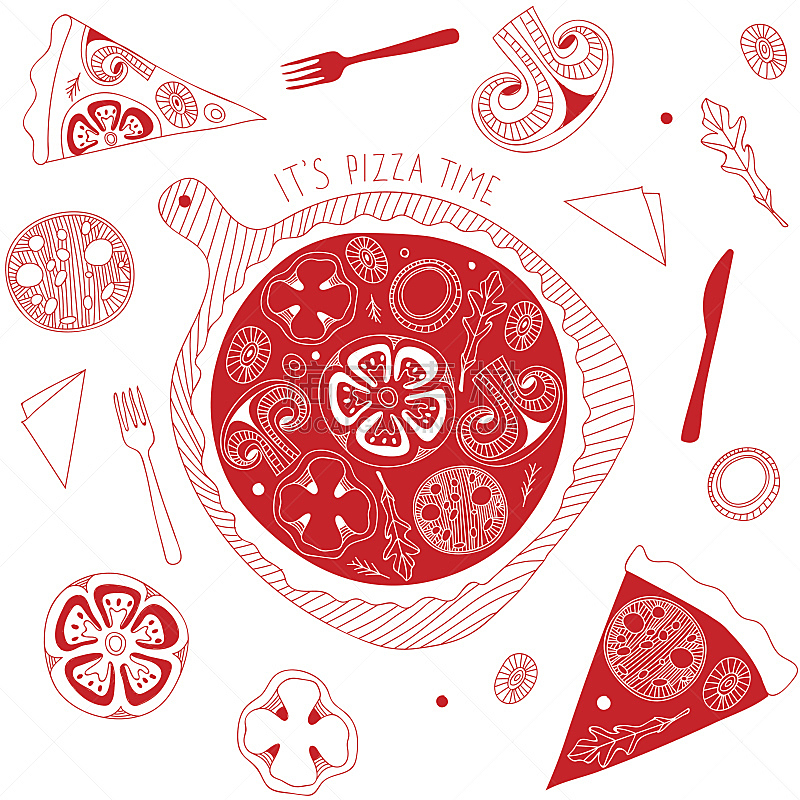 乱画,披萨店,意大利腊肠,比萨饼,红色,式样,食品,桌子,芝麻菜,顶部