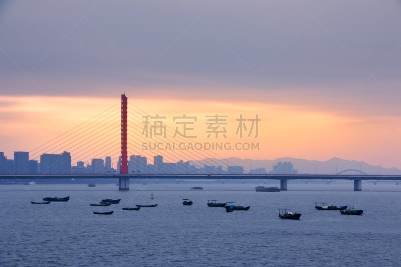 水,现代,黎明,河流,建筑外部,桥,在上面,杭州,浙江省,吊桥