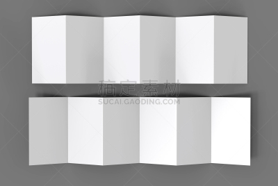 Accordion fold vertical brochure, twelve page leaflet or brochure mockup, concertina fold. blank white 3d render illustration.