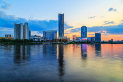 商务,城市,池塘,叶卡捷林堡,橙色,在上面,部分,水,天空,曙暮光
