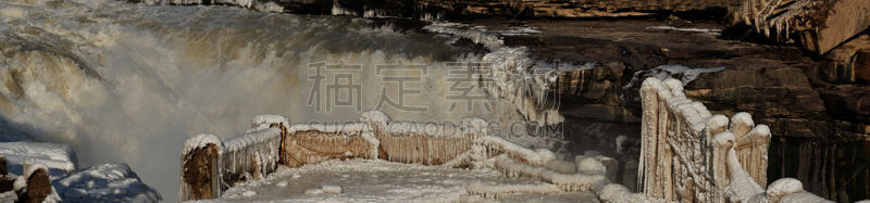 壶口瀑布,楼梯栏杆,水,水平画幅,无人,户外,非凡的,冬天,山,著名景点