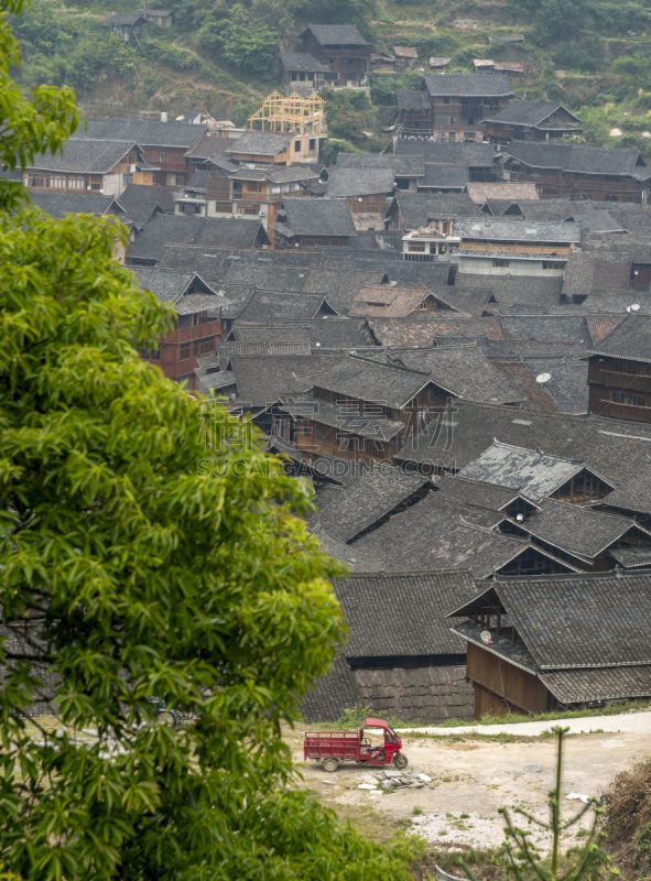 屋顶,乡村,早晨,进口标志,鼓楼,三江,贵州省,黄包车,垂直画幅,高视角