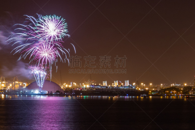 新年前夕,放焰火,玛丽皇后号,无人,玛丽王后号邮轮,长时间曝光,远洋班轮,图像,水平画幅,长滩