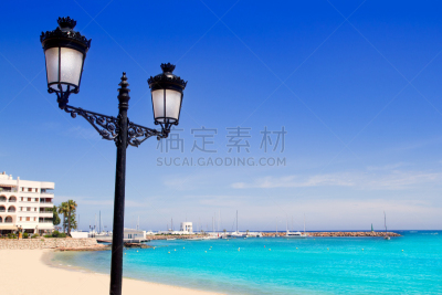 圣欧拉利娅,伊比沙岛,海滩,里约热内卢,青绿色,水,天空,水平画幅,沙子,无人