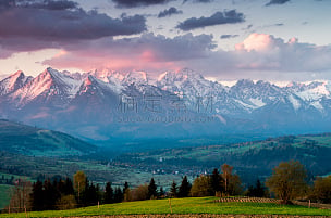 塔特里山脉,绿色,全景,自然美,春天,山,水平画幅,雪,无人,早晨