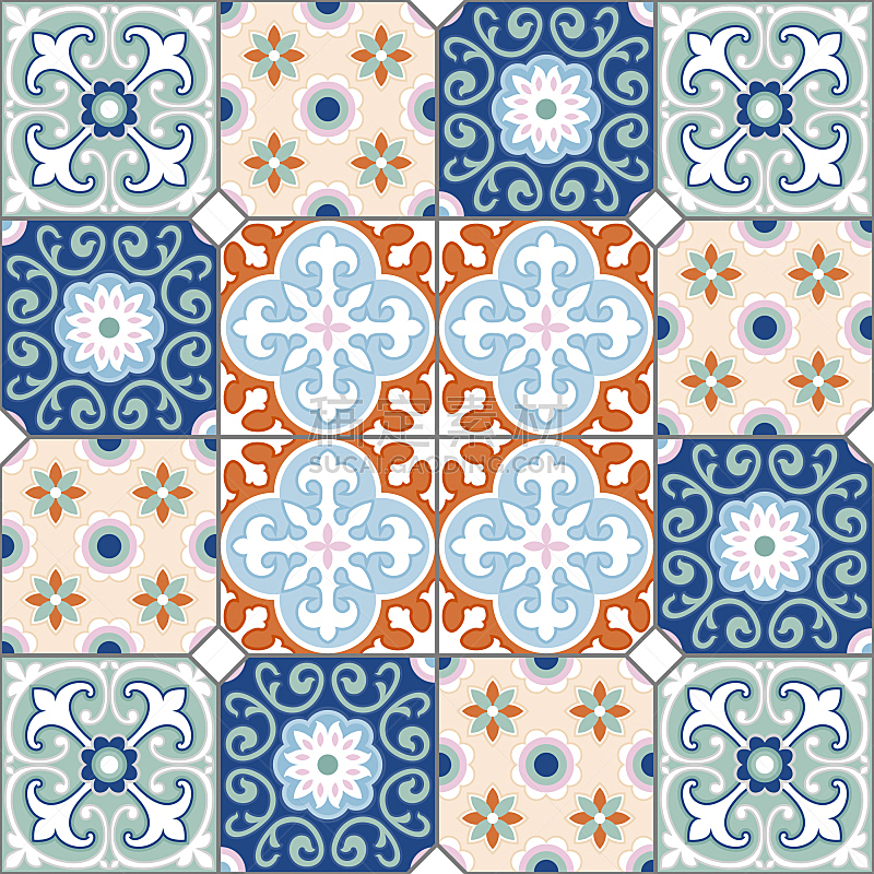 砖地,高雅,瓷砖,几何形状,柔和色,多色的,橙色,蓝色,式样,复古