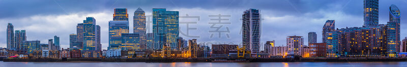 全景,城市天际线,伦敦,金丝雀码头,办公室,水平画幅,夜晚,无人,泰晤士河,英格兰