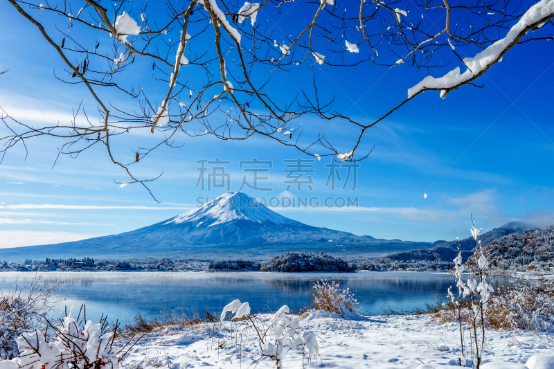 河口湖,富士山,黎明,背景聚焦,富士河口湖,水平画幅,雪,无人,早晨,户外