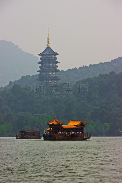 杭州,西湖,船,浙江省,亭台楼阁,垂直画幅,水,无人,东亚,户外