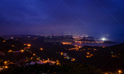 夜晚,风景,九份,水,美,水平画幅,山,无人,海港,户外