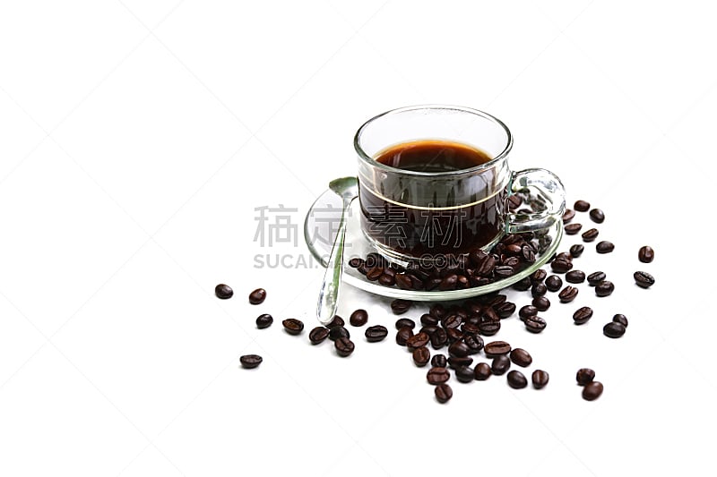 杯,豆,黑咖啡,白色背景,烤咖啡豆,褐色,水平画幅,无人,茶碟,早晨