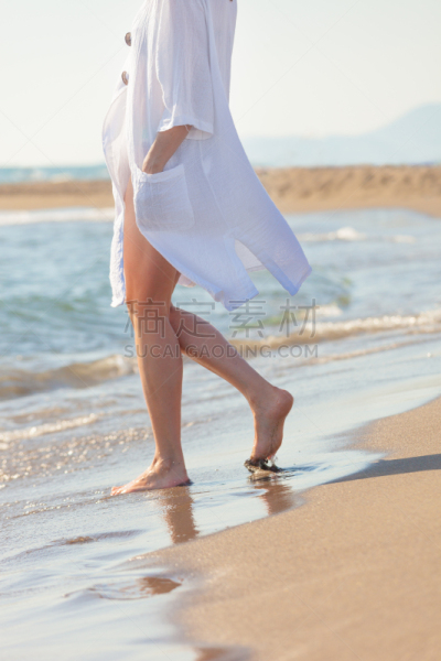 棉,女人,连衣裙,沙子,海滩,白色,腰部以下,无忧无虑,腿,海岸线