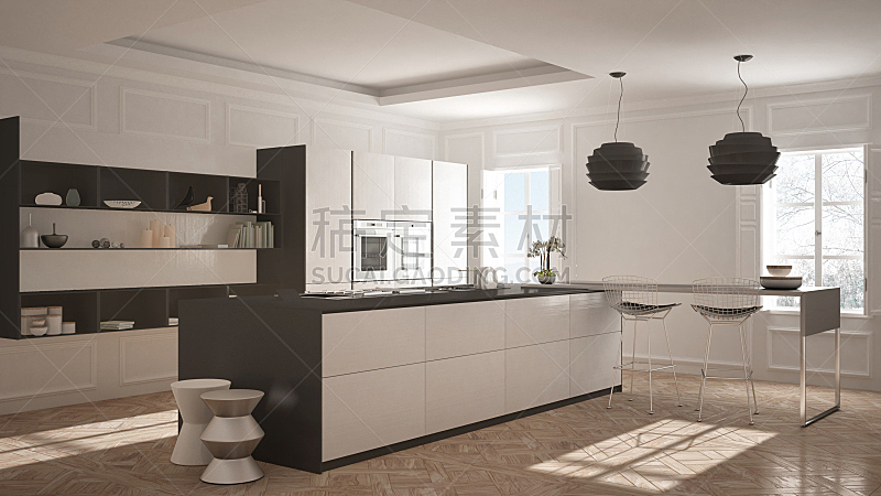 灰色,简单,厨房,极简构图,白色,家具,住宅房间,镶花地板,古典式,建筑