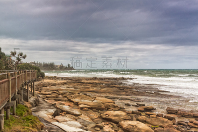 卡伦德拉,岩石,水,天空,留白,水平画幅,无人,户外,木板路,栏杆
