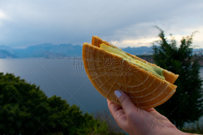 传统,冰淇淋,海洋,华夫饼干,手牵手,女人,特写,山,土耳其人,伊斯坦布尔