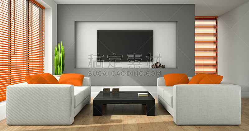 现代,室内,住宅房间,三维图形,橙色,舒服,地板,沙发,装饰物,窗户