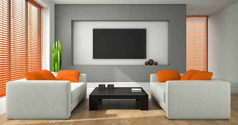 现代,室内,住宅房间,三维图形,橙色,舒服,地板,沙发,装饰物,窗户