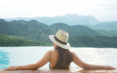 游泳池,华贵,女人,夏天,看,度假胜地,幸福,地形,山