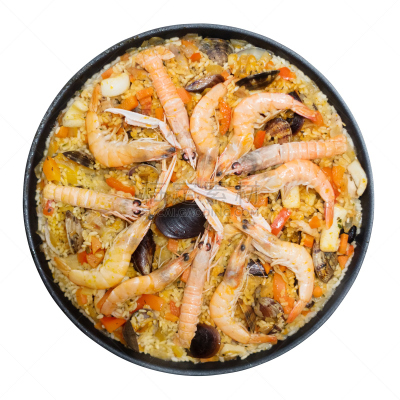 西班牙海鲜饭,米,主菜盘,分离着色,磷虾,特拉华,螯虾,贻贝,餐具,无人