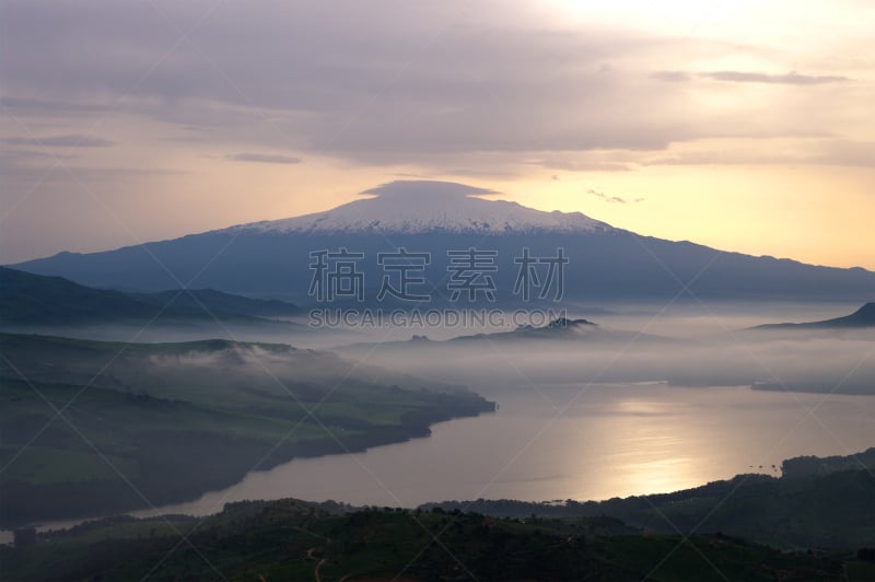 湖,雾,埃特纳火山,水,天空,水平画幅,山,雪,无人,早晨