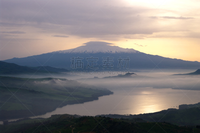 湖,雾,埃特纳火山,水,天空,水平画幅,山,雪,无人,早晨