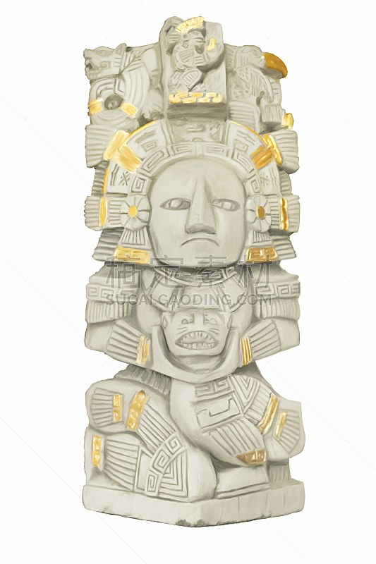 Painting of an aztec mayan hand carved stone totem pole