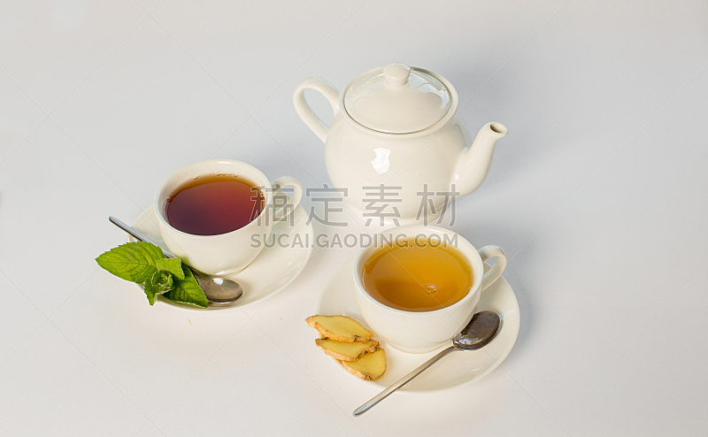 生姜,茶壶,杯,薄荷,白色背景,茶,自然,桌子,水平画幅,水果