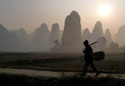 桂林,地形,农民,阳朔,喀斯特,天空,水平画幅,山,无人,户外