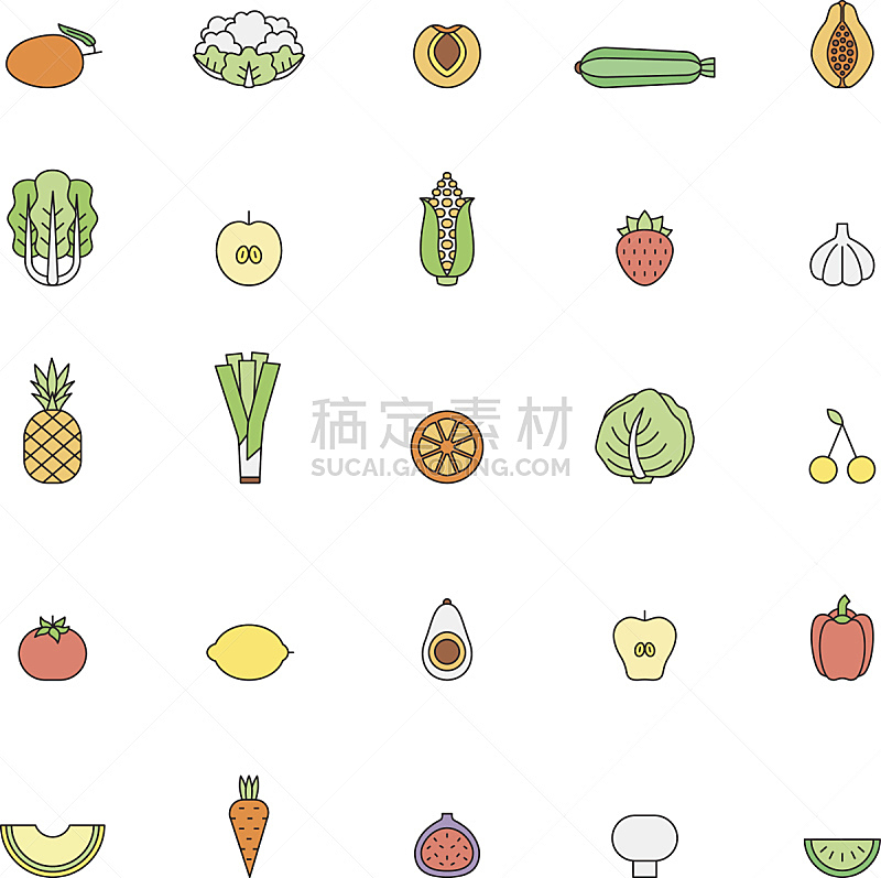 蔬菜,水果,轮廓,图标集,一个物体,部分,花椰菜,芒果 ,韭,无花果