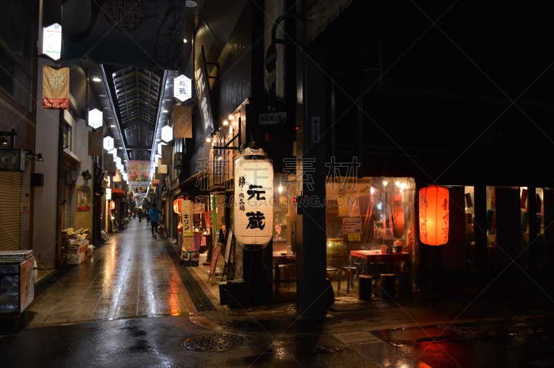 夜晚,日本,商业街,京都府,灯笼,旅游目的地,水平画幅,人,商店,病房