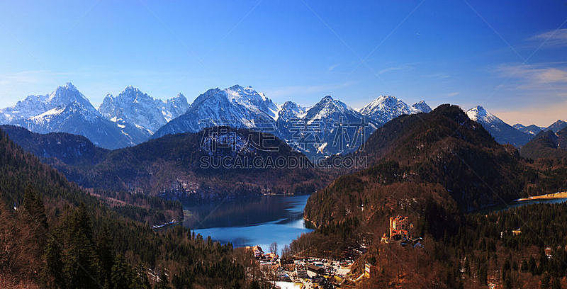 旧天鹅堡,湖,德国,巴伐利亚阿尔卑斯山区,新天鹅城堡,阿尔普斯湖,美,水平画幅,山,雪
