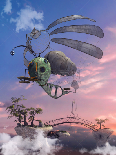 幻想,飞行器,桥,在上面,轻轻浮起,垂直画幅,绘画插图,机器,岛,摄影