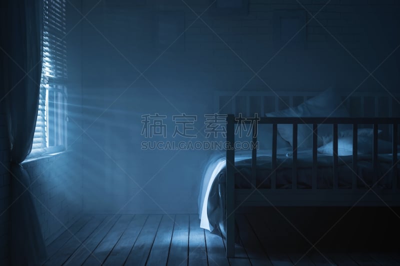 室内,月光,卧室,百叶帘,暗色,窗帘,窗户,床,夜晚,烟