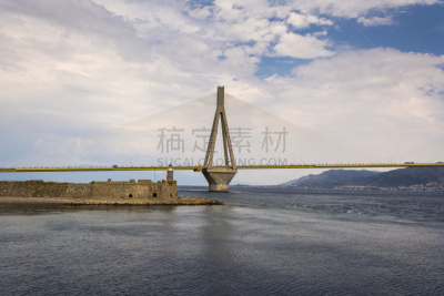 希腊,科林斯湾,吊桥,海峡,海湾,道口标志,钢缆,天空,水平画幅,无人