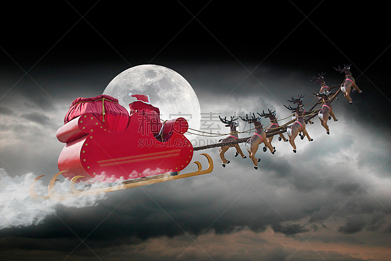 圣诞老人,夜晚,云,动物雪车,雪橇,月亮,天空,太空,水平画幅