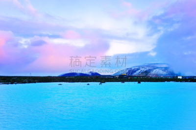 冰岛国,蓝湖,黄昏,水,天空,美,水平画幅,山,雪,桑拿浴
