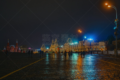 夜晚,红场,百货公司,沥青,雨,克里姆林宫,修改系列,国际著名景点,暗色,古姆百货商店