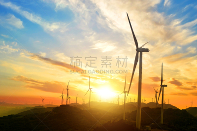风力,电缆,天空,水平画幅,高视角,山,能源,无人,制造机器,涡轮