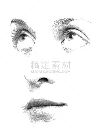 点画效果,垂直画幅,人的嘴,斑点,白色背景,肖像,人的眼睛,人的鼻子,黑色背景
