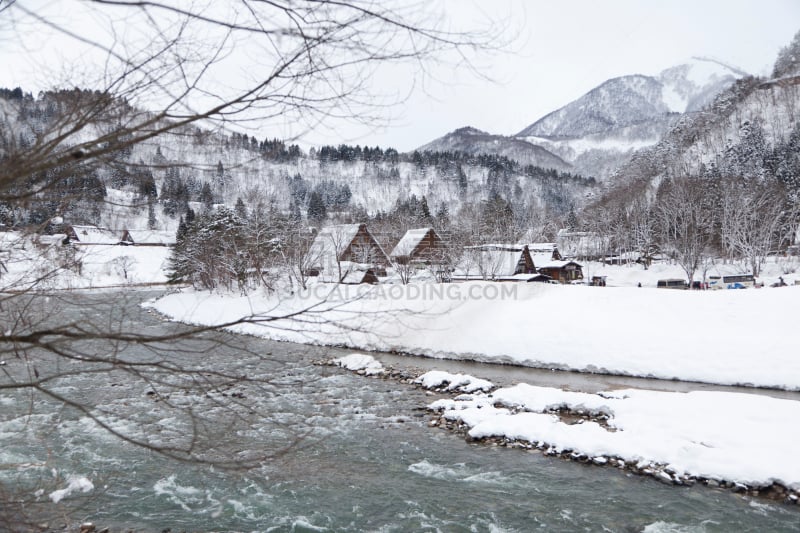 冬天,日本,白川乡,大井町,五箇山,水,天空,里山,水平画幅,山