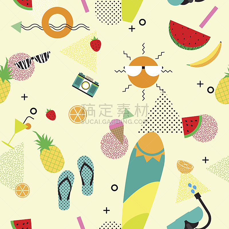 式样,背景,夏天,符号,40-80年代风格复兴,橡胶游泳圈,菠萝,拖鞋,橙子,西瓜